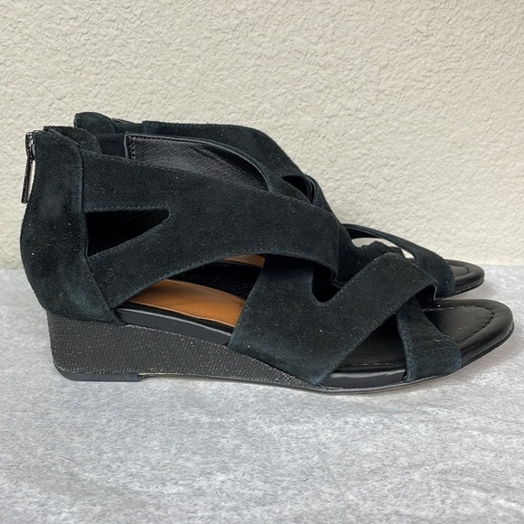 New Donald Pliner Vela Black Suede Criss Cross Strappy Sandals Low Wedge Sz 7 - Picture 5 of 12